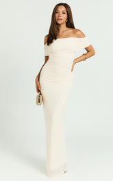 Caterina Maxi - Ruched Off Shoulder Mesh Dress in Off White